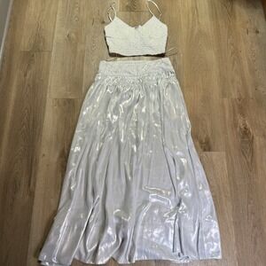NWOT FREE PEOPLE Women ASTER SET Maxi Lace pleated‎ Skirt & Ruched Crop Top Sz L